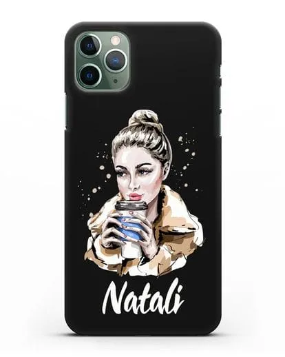 Именной чехол Девушка блондинка с кофе в руках силиконовый для iPhone 11 Pro