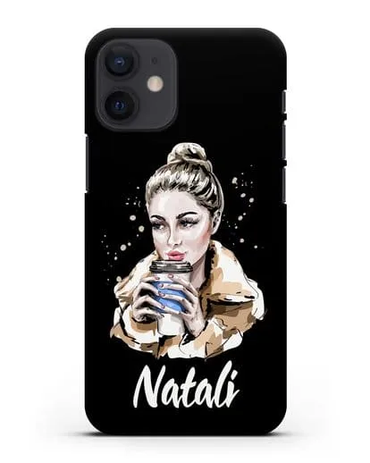 Именной чехол Девушка блондинка с кофе в руках силиконовый для iPhone 12 mini