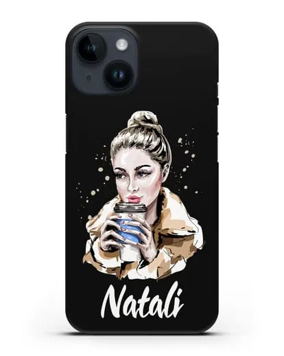 Именной чехол Девушка блондинка с кофе в руках силиконовый для iPhone 14