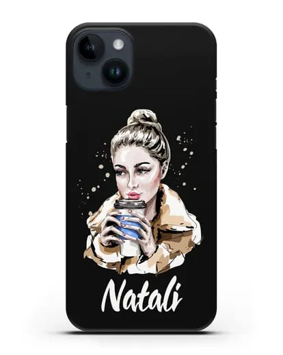 Именной чехол Девушка блондинка с кофе в руках силиконовый для iPhone 14 Plus