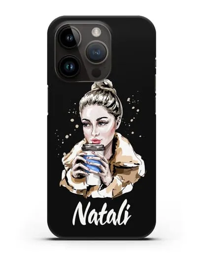 Именной чехол Девушка блондинка с кофе в руках силиконовый для iPhone 14 Pro