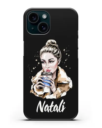 Именной чехол Девушка блондинка с кофе в руках силиконовый для iPhone 15