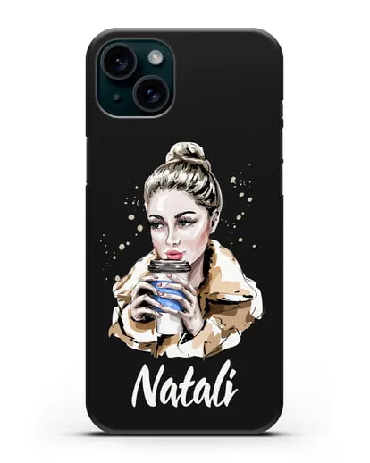 Именной чехол Девушка блондинка с кофе в руках силиконовый для iPhone 15 Plus