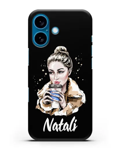 Именной чехол Девушка блондинка с кофе в руках силиконовый для iPhone 16