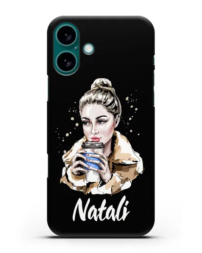 Именной чехол Девушка блондинка с кофе в руках силиконовый для iPhone 16 Plus