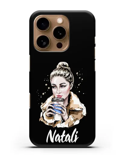 Именной чехол Девушка блондинка с кофе в руках силиконовый для iPhone 16 Pro
