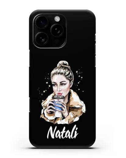 Именной чехол Девушка блондинка с кофе в руках силиконовый для iPhone 16 Pro Max