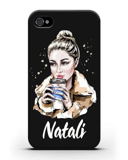 Именной чехол Девушка блондинка с кофе в руках силиконовый для iPhone 4/4s