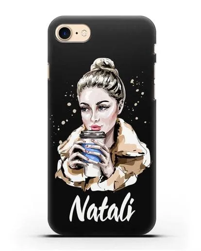 Именной чехол Девушка блондинка с кофе в руках силиконовый для iPhone 8