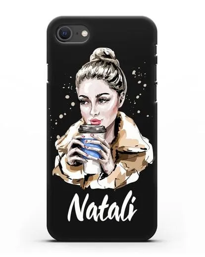 Именной чехол Девушка блондинка с кофе в руках силиконовый для iPhone SE 2020