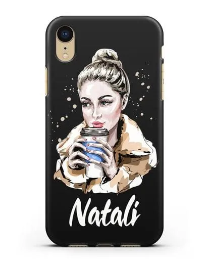Именной чехол Девушка блондинка с кофе в руках силиконовый для iPhone XR