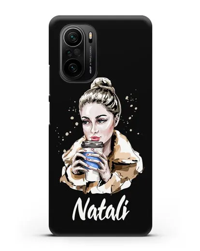 Именной чехол Девушка блондинка с кофе в руках силиконовый для Xiaomi Poco F3 Pro