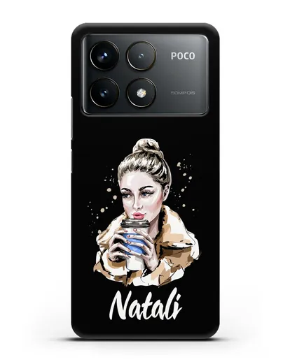 Именной чехол Девушка блондинка с кофе в руках силиконовый для Xiaomi Poco F6 Pro