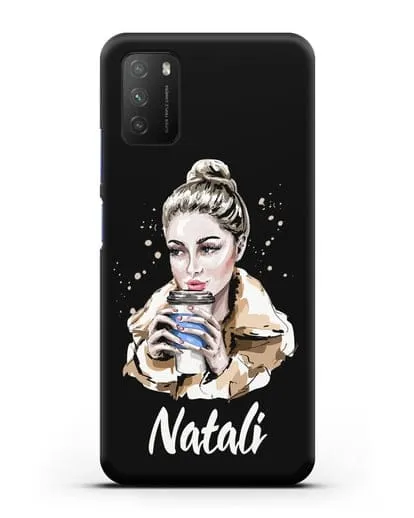 Именной чехол Девушка блондинка с кофе в руках силиконовый для Xiaomi Poco M3