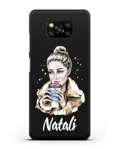 Именной чехол Девушка блондинка с кофе в руках силиконовый для Xiaomi Poco X3