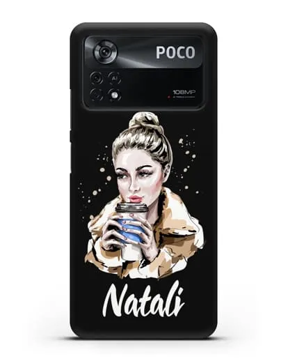 Именной чехол Девушка блондинка с кофе в руках силиконовый для Xiaomi Poco X4 Pro
