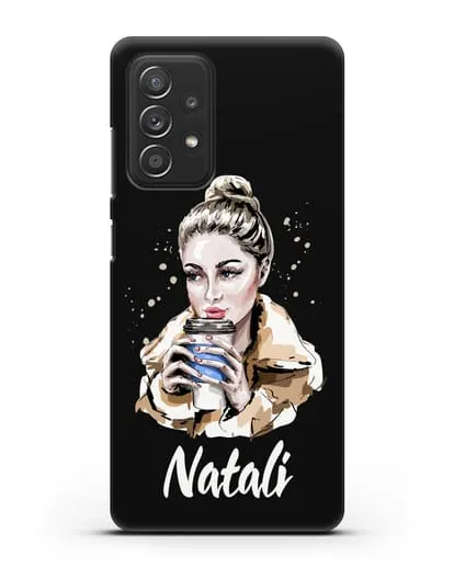 Именной чехол Девушка блондинка с кофе в руках силиконовый для Samsung Galaxy A53