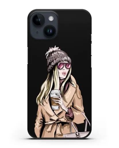 Чехол Девушка блондинка в пальто и кофе в руках силиконовый для iPhone 14