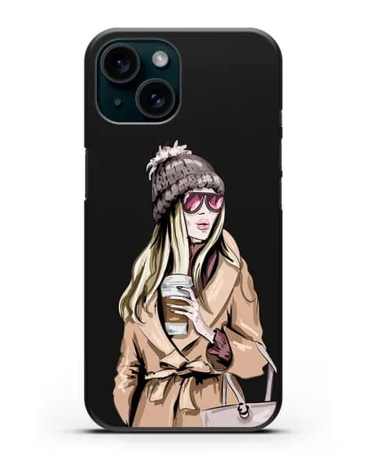 Чехол Девушка блондинка в пальто и кофе в руках силиконовый для iPhone 15