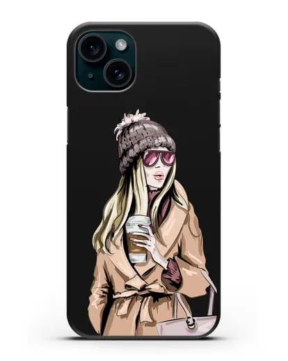 Чехол Девушка блондинка в пальто и кофе в руках силиконовый для iPhone 15 Plus
