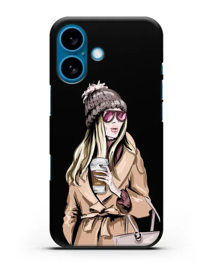 Чехол Девушка блондинка в пальто и кофе в руках силиконовый для iPhone 16