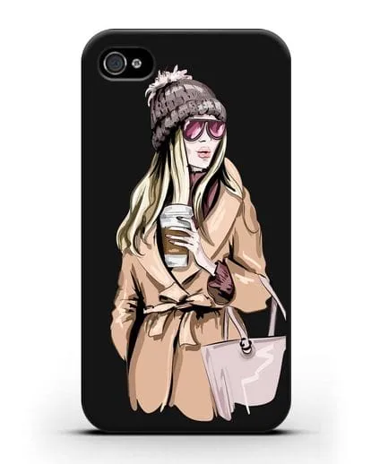 Чехол Девушка блондинка в пальто и кофе в руках силиконовый для iPhone 4/4s