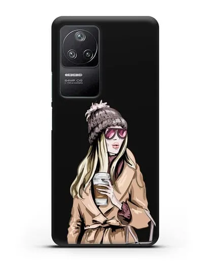 Чехол Девушка блондинка в пальто и кофе в руках силиконовый для Xiaomi Poco F4