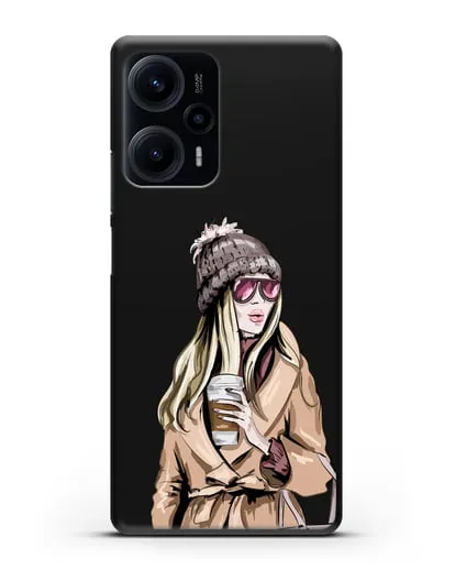 Чехол Девушка блондинка в пальто и кофе в руках силиконовый для Xiaomi Poco F5