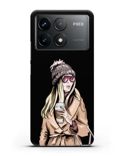 Чехол Девушка блондинка в пальто и кофе в руках силиконовый для Xiaomi Poco F6 Pro