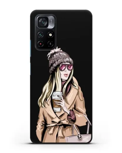 Чехол Девушка блондинка в пальто и кофе в руках силиконовый для Xiaomi Poco M4 Pro 5G