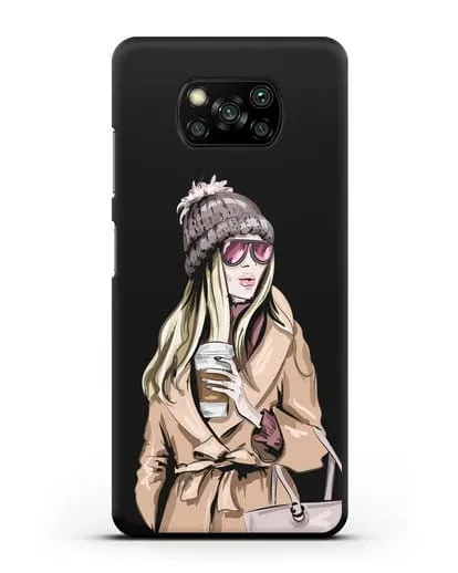 Чехол Девушка блондинка в пальто и кофе в руках силиконовый для Xiaomi Poco X3