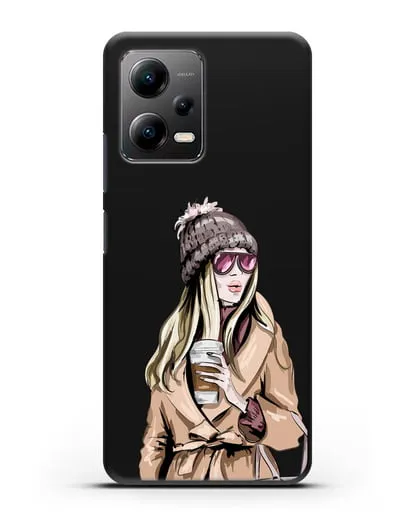 Чехол Девушка блондинка в пальто и кофе в руках силиконовый для Xiaomi Poco X5