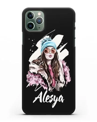 Именной чехол Девушка шатенка в очках и шапке с помпоном силиконовый для iPhone 11 Pro