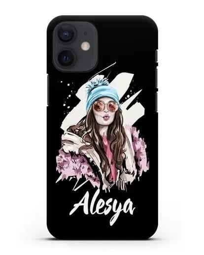 Именной чехол Девушка шатенка в очках и шапке с помпоном силиконовый для iPhone 12 mini
