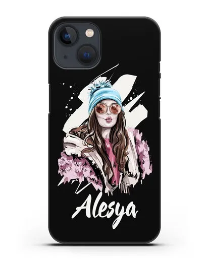 Именной чехол Девушка шатенка в очках и шапке с помпоном силиконовый для iPhone 13 Mini
