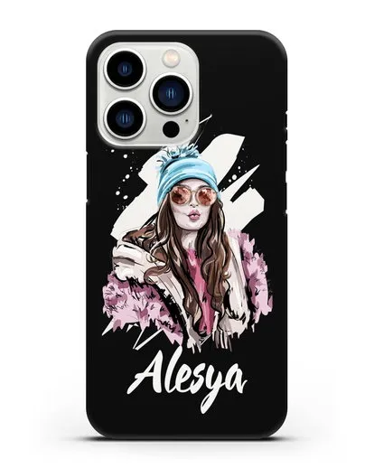 Именной чехол Девушка шатенка в очках и шапке с помпоном силиконовый для iPhone 13 Pro