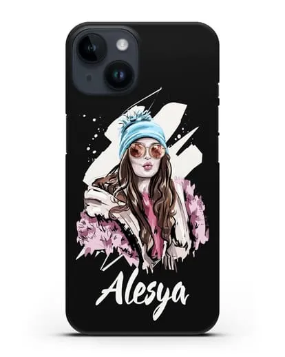 Именной чехол Девушка шатенка в очках и шапке с помпоном силиконовый для iPhone 14