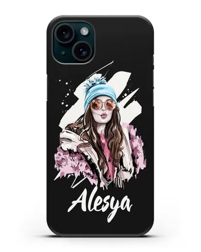 Именной чехол Девушка шатенка в очках и шапке с помпоном силиконовый для iPhone 15 Plus