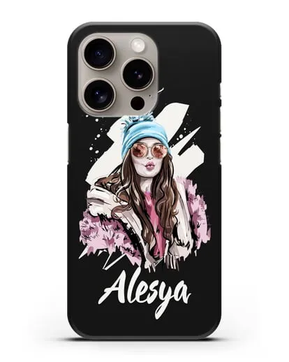 Именной чехол Девушка шатенка в очках и шапке с помпоном силиконовый для iPhone 15 Pro
