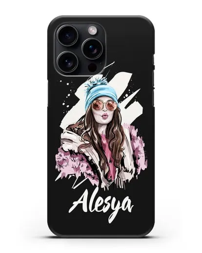 Именной чехол Девушка шатенка в очках и шапке с помпоном силиконовый для iPhone 15 Pro Max