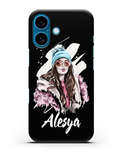 Именной чехол Девушка шатенка в очках и шапке с помпоном силиконовый для iPhone 16