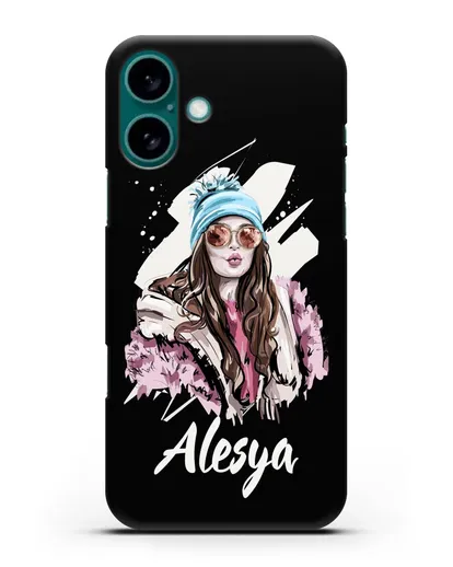 Именной чехол Девушка шатенка в очках и шапке с помпоном силиконовый для iPhone 16 Plus