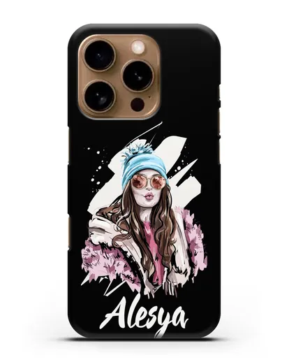 Именной чехол Девушка шатенка в очках и шапке с помпоном силиконовый для iPhone 16 Pro