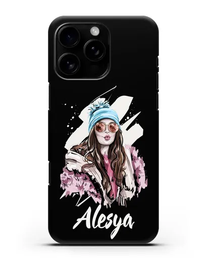 Именной чехол Девушка шатенка в очках и шапке с помпоном силиконовый для iPhone 16 Pro Max