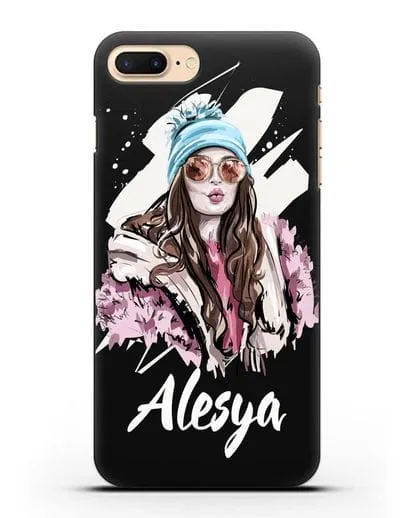 Именной чехол Девушка шатенка в очках и шапке с помпоном силиконовый для iPhone 7 Plus
