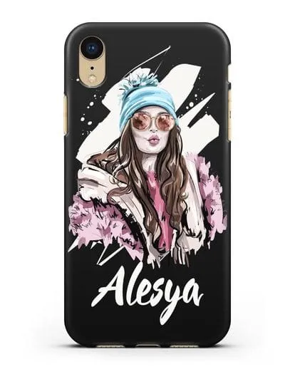Именной чехол Девушка шатенка в очках и шапке с помпоном силиконовый для iPhone XR