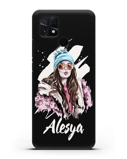 Именной чехол Девушка шатенка в очках и шапке с помпоном силиконовый для Xiaomi Poco C40