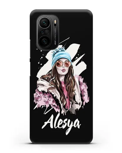 Именной чехол Девушка шатенка в очках и шапке с помпоном силиконовый для Xiaomi Poco F3