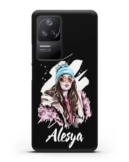 Именной чехол Девушка шатенка в очках и шапке с помпоном силиконовый для Xiaomi Poco F4