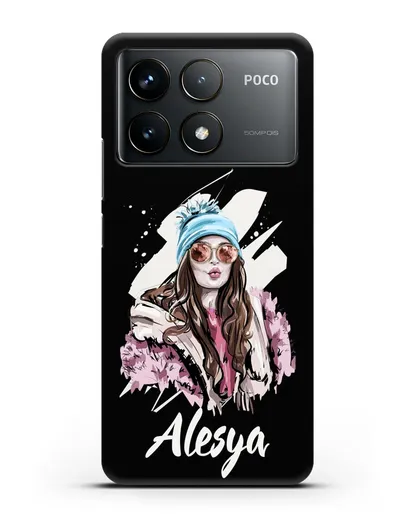 Именной чехол Девушка шатенка в очках и шапке с помпоном силиконовый для Xiaomi Poco F6 Pro
